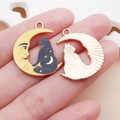 Halloween yellow moon and black cat alloy charm with rose gold finish for DIY jewelry - 1 Piece (30x26mm)