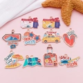 Set of 10 summer vacation themed enamel charms featuring planes, flip-flops, and travel gear - Full Collection Summer Travel Series