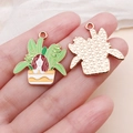 Detailed front and back of cartoon puppy in plant pot enamel pendant for DIY jewelry - Green Enamel Potted Plant Dog Springer Spaniel (24995)