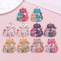 Set of 10 colorful enamel mother-daughter cat charms with floral patterns for DIY jewelry - Enamel Printed Cat (SN1580)