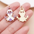 Ciondolo ancora smaltato bianco e viola con bordo dorato per creazione gioielli DIY - Ciondolo Nastro con Fiocco e Ancora Bianco (24866)