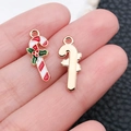 Christmas candy cane enamel charm with green holly leaf and golden metal backside - Red White Drip Oil Zinc Alloy Christmas Candy Cane (10917)