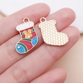 Ciondolo calza di Natale in lega con smalto colorato e retro in metallo dorato per DIY - Calza a Campanella Rossa / 22x15mm