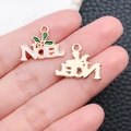 Christmas DIY alloy charm with Noel lettering and green holly leaf enamel finish - White Drip Oil Zinc Alloy Christmas NOEL (12263)