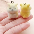 Detailed view of cute flocked hamster pendants with metal rings for DIY jewelry making - Sitting Yellow Mouse (24803) / 34x21x21mm