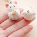 Close-up of white flocked hamster pendants with pink ears and cute cheese details - Yellow Mouse with Cheese (24804) / 31x22x23mm