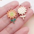 Alloy sunflower pendant with orange petals and green leaves in rose gold finish - Green Drip Oil Sunflower Charm (25058) / 25x15x1mm