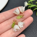 White acrylic lily of the valley earrings with green leaves and gold metal ring - White (23260)