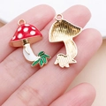 Red mushroom house alloy pendant with white dots and green leaves for DIY jewelry - 15x26mm Red Enamel Plated Zinc Alloy Mushroom (17000)