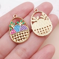 Easter egg enamel charms for DIY jewelry making with gold-tone back texture - Blue Egg Flower Basket (23088)