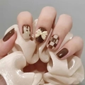 Uñas postizas artesanales a cuadros con lazos 3D y diseño de gotas de chocolate - XS / Set de 5 piezas