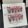 Faux ongles faits main avec lapin 3D, cœurs scintillants et dégradé rose style Y2K - Très Petit (XS)