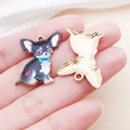 Golden Chihuahua dog charm with blue bow tie and colorful enamel finish for DIY jewelry - Black