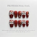 3D-geprägte Löwentanz-Nagelkunst in Dunkelrot mit Glitzer und handgemalten Golddetails - Extra Klein (XS) / Roter Löwentanz Relief
