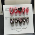 Handmade gradient press-on nails with 3D heart crystals and flower charms on white card - XS