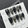 Handmade black cat-eye press-on nails with silver glitter and rhinestone accents - Extra Small (XS) / Full Rhinestone Cat Eye Long Trapezoid (602)
