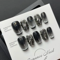 Handmade black cat eye press-on nails with silver metal relief and grey rhinestones - Extra Small (XS) / Full Rhinestone Cat Eye Short Trapezoid (601)