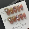 French style red press-on nails with 3D heart gems and gold key charms variant - Large (L) / Heavy Rhinestone Short Coffin Style (630)