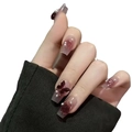 Handmade coffin press-on nails with dark red gradient, 3D butterfly, rose, and pearls - Extra Small