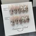 Handmade pink gradient coffin press-on nails with 3D glitter butterflies and crystals - 695 Spar Butterfly Long Trapezoid / Extra Small (XS)