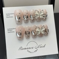 Handmade light pink press-on nails with silver glitter, rhinestones and metal butterfly charms - 694 Spar Butterfly Short Trapezoid / Extra Small (XS)