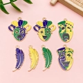 Detailed DIY Mardi Gras pendants featuring colorful smiley masks and golden feathers - Carnival Mix Pendants (SN1095)