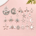 DIY antique silver celestial charms set featuring stars, moons, and sun pendants - Star Moon Sun Set 20 Pieces (SN1081)