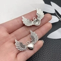 Silver punk heart wing pendant for DIY jewelry, front and back view of alloy charm - Antique Silver Heart Wing (B220)