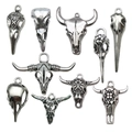 Retro silver animal skull pendant set including bull and bird skulls with boho patterns - Mixed Animal Skull Series (SN763)