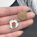 DIY flower pendant with red heart rose enamel and gold mesh texture on reverse side - White Enamel Zinc Alloy Rose Plaque Charm (21475)
