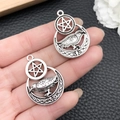 Set of two vintage silver gothic crescent moon and star charms for DIY jewelry making - Antique Silver Pentagram Bird 23x33mm (18732)