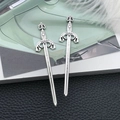 Pair of vintage silver alloy gladiator sword pendants with crown handle and engraving - Antique Silver Sword (8076)