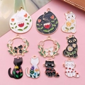 Lot de 10 pendentifs chat en émail avec fleurs et cœurs pour bijoux DIY - Lot de 10 Styles de Chats à l'Huile 1 de Chaque