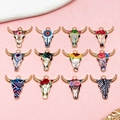 Set of 12 western bull skull pendants with colorful floral and tribal enamel designs - Drip Oil Printed Halloween Bull Head Mixed Styles