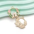 Pendentif couronne tulipe rose et chat avec strass brillants sur alliage doré fini - Chat Blanc Antique Rond en Strass à l'Huile