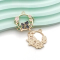 Pendentif émaillé chat et fleurs de tulipes avec strass sur métal doré - Chat Noir Antique Rond en Strass à l'Huile