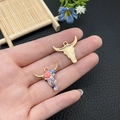 Ox skull charms with bohemian floral enamel and golden textured patterns for DIY jewelry - 20x22mm / Purple Rose Halloween Bull Head