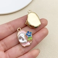 Detailed close-up of handmade gold-plated flower charm with pink enamel and pearl center - Pink Oil Painting 3D Flower Pearl (22089)
