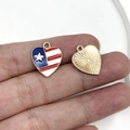 Golden heart charm with American flag enamel and sunburst texture back for DIY - KC Gold Enamel Blue White Red Heart (19085)