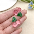 DIY acrylic pink cherry pendants for jewelry making with green leaves and top hanging holes - Pink Cherry (22161)
