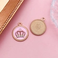 Pendentif couronne en émail rose plaqué or rose avec strass pour création de bijoux DIY - Couronne Ronde Rose avec Strass (12459)