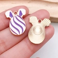 Pastel purple and white enamel bunny egg charm with sunburst pattern gold metal back - Purple Striped Pattern (18597)