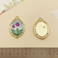 Pendentif ovale fleur rose violette avec cadre doré pour création de bijoux DIY - Bleu Ovale Vintage Rose Violette (22090)