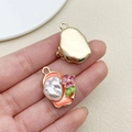 DIY ocean shell pearl charm with orange enamel and pink flower in gold plating - Orange Pink Oil Painting 3D Flower Pearl (22086)
