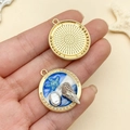 Detail view showing blue ocean alloy pendant with sea star, conch and faux pearls - Blue Beach Coconut Tree Painting (22058)