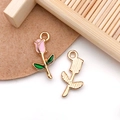 Pink cherry blossom DIY pendant with gold base and green leaf for jewelry making - Pink Enamel Rose Style (12317)