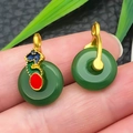 Close-up of green imitation jade Ping'an buckle pendants with colorful enamel metal clasp - Green Glace Zinc Alloy Round Cloud Buckle (22220)