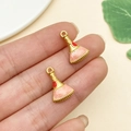 Miniature broom charms in gold-tone metal with red and pink enamel for DIY crafts - Pink Broom Pendant (22226)