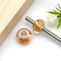 Macro detail of amber resin beads with gold foil flakes and silver large-hole metal core - Round Granular Sequined Large Hole Bead (17967) / 1 Piece (9x13mm) / Gold Yellow