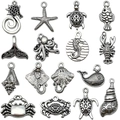 Lot de 15 breloques animaux marins argent antique avec hippocampe et tortue pour bijoux DIY - Série Marine Argent Antique (SN1149)